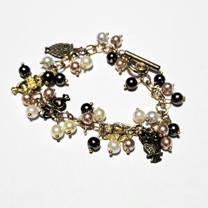 Chunky Beaded Bracelet 7.5" Long Black, Pearl, & Brown Beads w/Gold Charms